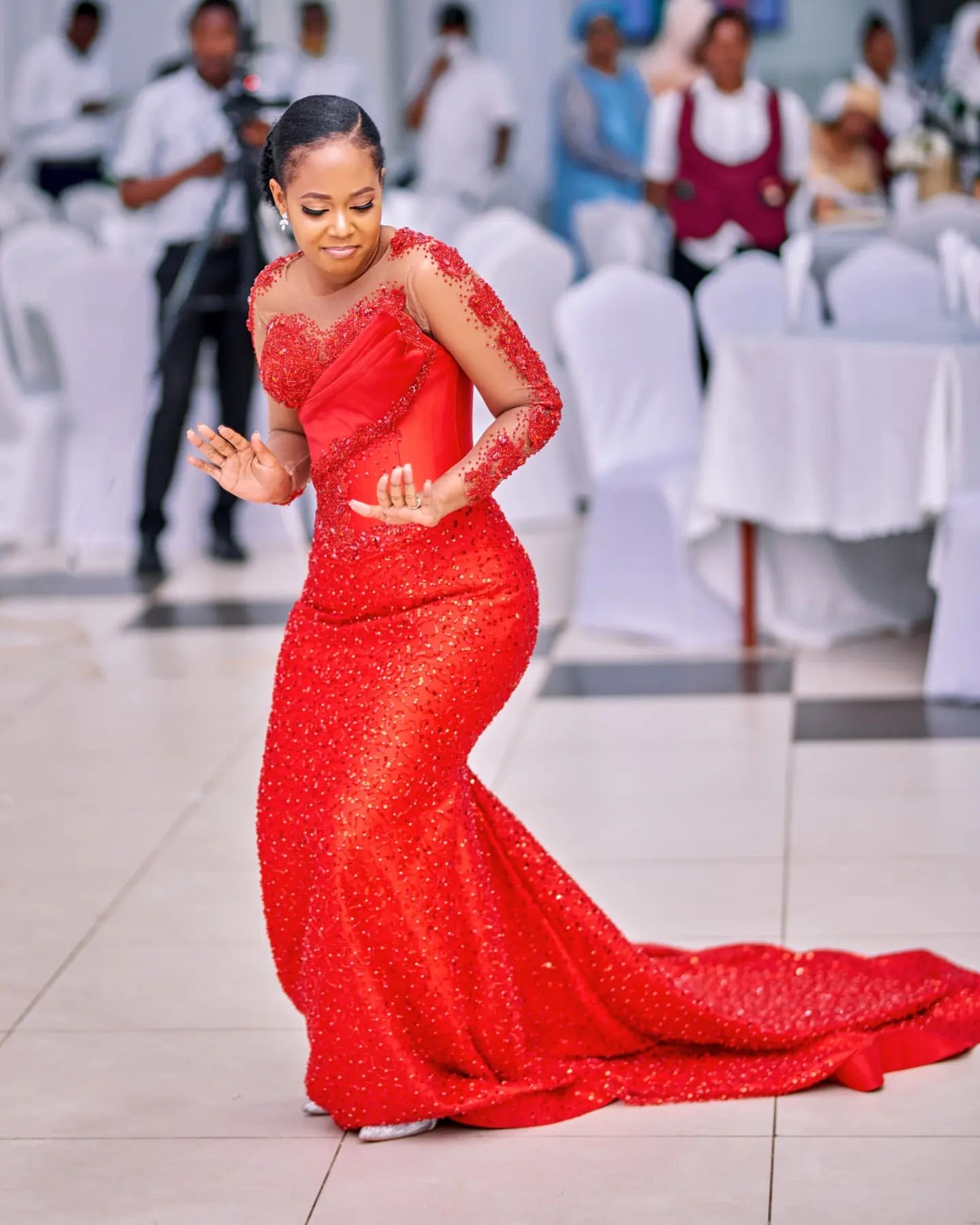 Aso Ebi 2024 Red Mermaid Prom Dresses Sequined Lace Beaded Full Sleeves Evening Formal Party Second Reception Birthday Gowns Dress For Special Occasio