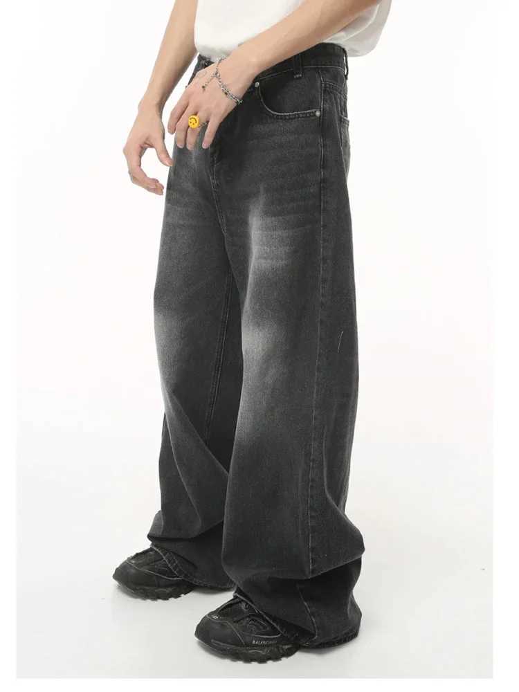 Street Fashion American Retro Black Gray Denim Pants New Trendy Denim Zipper Wide Leg Loose Straight Leg PantsX241009