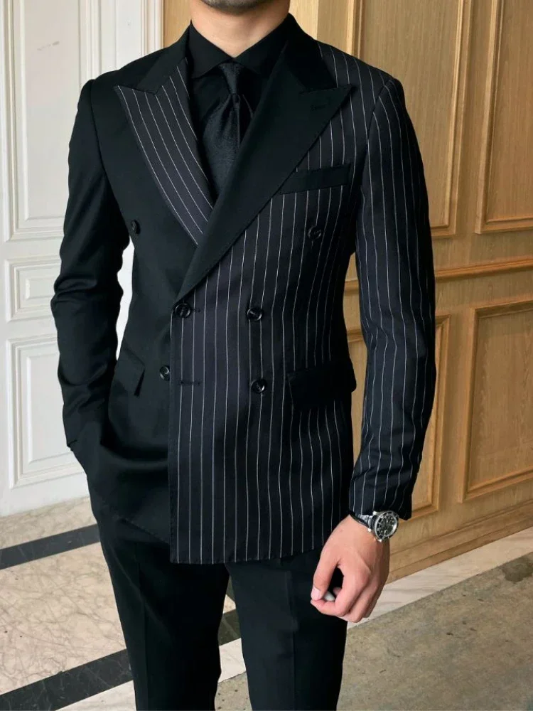 Double Breasted Striped Italian Suits For Men Wedding Custom Groom Tuxedos 2 Pcs American Style Male Fashion Blazer Pants 2024