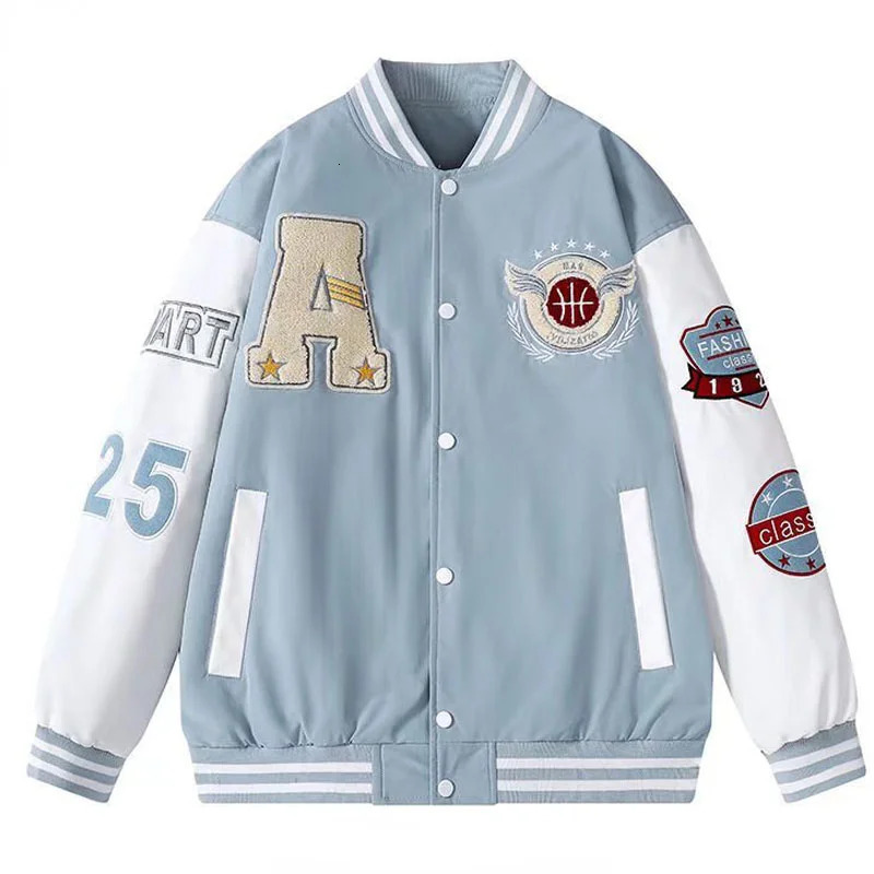 Mens Spring and Autumn School Clothes Embroidered Korean Fashion Loose Baseball Uniform Couple Blue Retro Leather Jacket Bomber Coat 241010