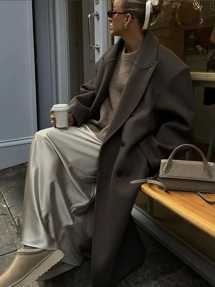 Casual Solid DoubleBreasted Long Coat Vintage Loose Turndown Collar Brown Maxi Coats Lady Winter Elegant Street Outwear 240930