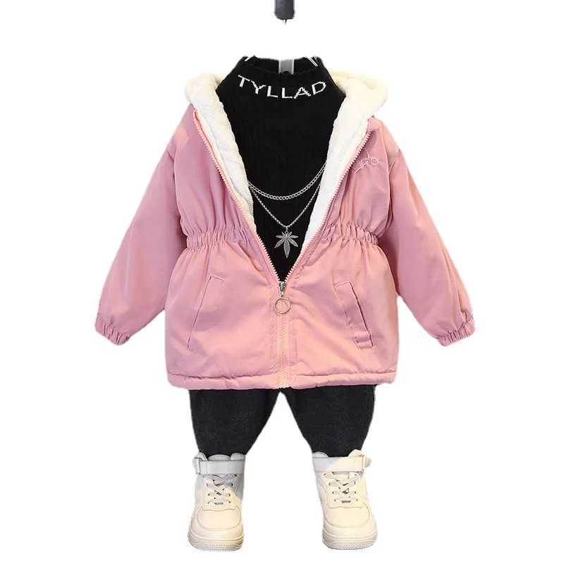 Down Coat Autumn and winter childrens coat hooded zipper warm cotton jacket plush thick girls clothing pink yellow cute long coat top H241010