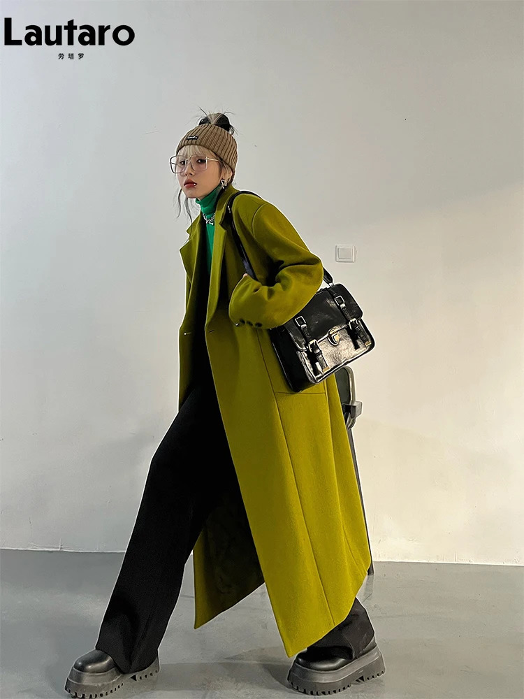 Lautaro Spring Autumn Long Green Oversized Trench Coat for Women Single Button Loose Casual Overcoat Korean Fashion 240930