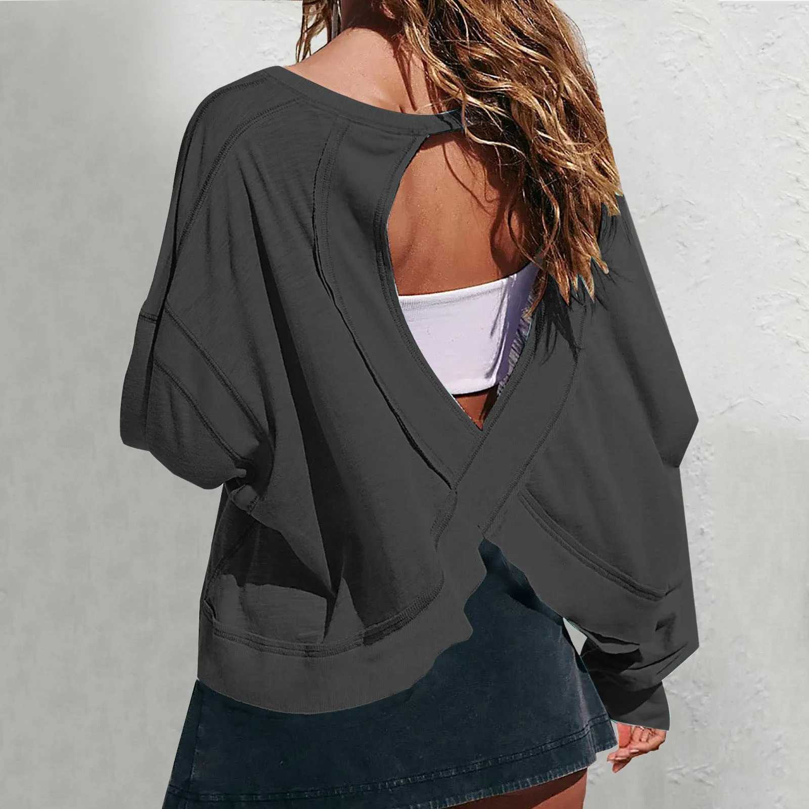 New Arrival Womens open back training top oversized sports shirt solid color long sleeved irregular bottom gym running yoga shirt M241009