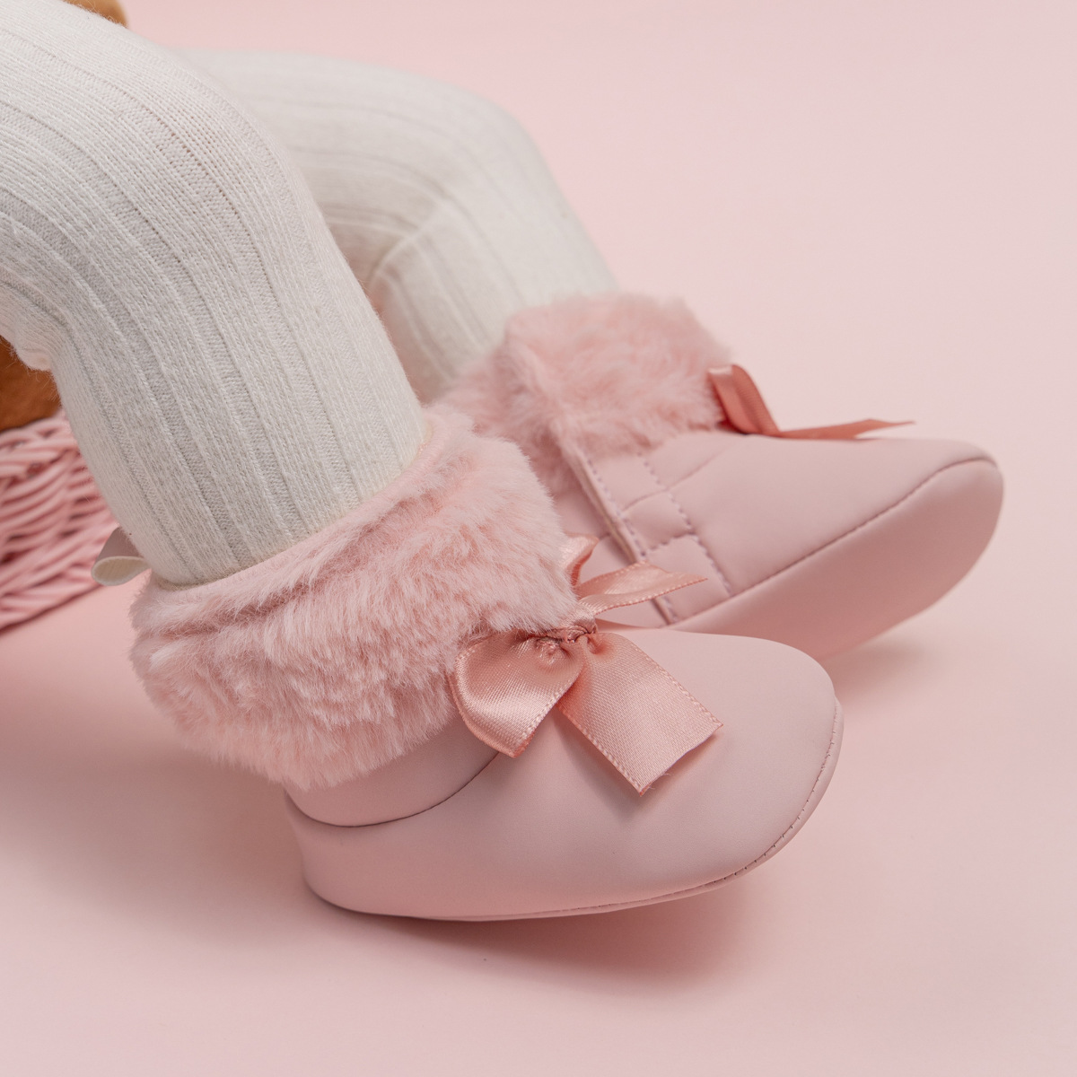 Pink Toddler With Bow Velvet Fluzzy Autumn Winter Baby Snow Boots Kids Girls Warm Shoes Happysteps First Walkers Shoes 0-18M