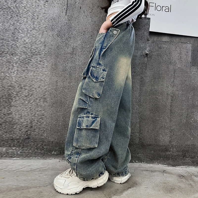 Teenage girl wide leg jeans autumn fashion childrens casual jeans childrens work clothes straight leg bag pants 15Y 241008