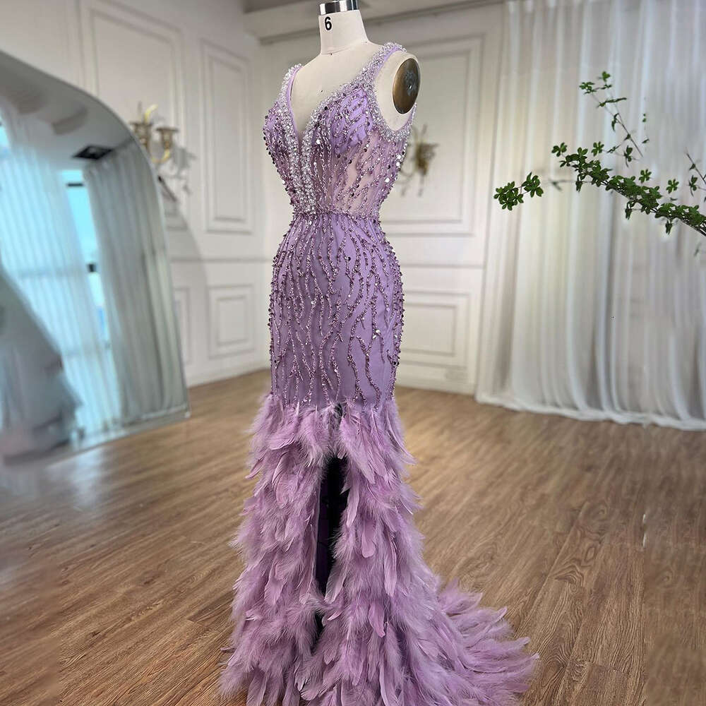 Pink Mermaid Sexy High Split V Neck Evening Dresses Feather Beaded Gowns Long 2023 For Women Prom Dress