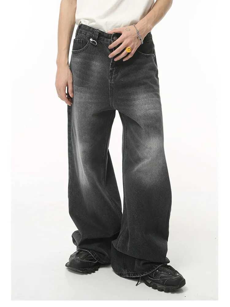 Street Fashion American Retro Black Gray Denim Pants New Trendy Denim Zipper Wide Leg Loose Straight Leg PantsX241009