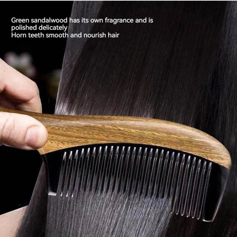 Home>Products>Natural green sandalwood with buffalo horn hair comb anti-static fine and wide teeth hair remover head scalp massage 241009