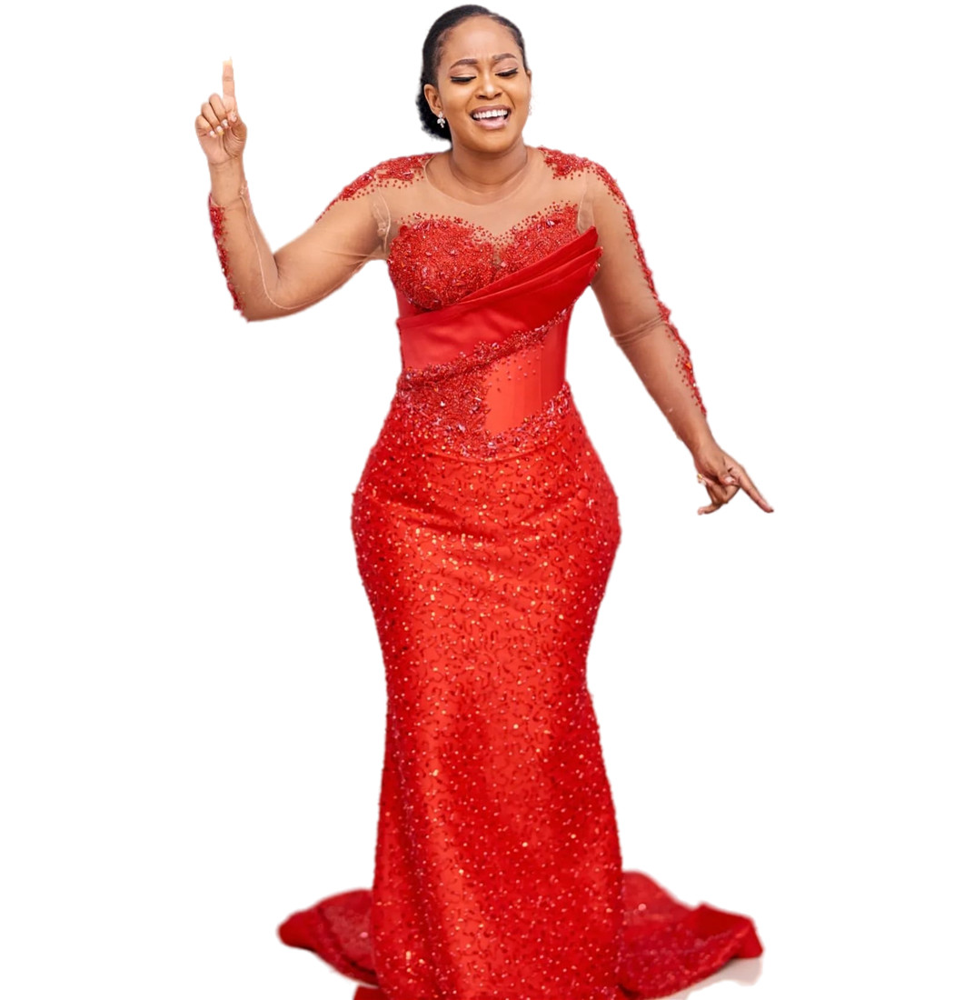 Aso Ebi 2024 Red Mermaid Prom Dresses Sequined Lace Beaded Full Sleeves Evening Formal Party Second Reception Birthday Gowns Dress For Special Occasio