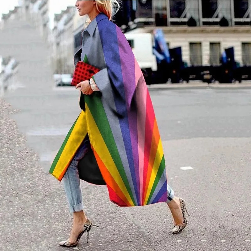 Autumn Winter Wool Coat Womens Printed Open Collar Large Coat Womens Long Sleeve Collar Warm Wool Trench Coat 241007