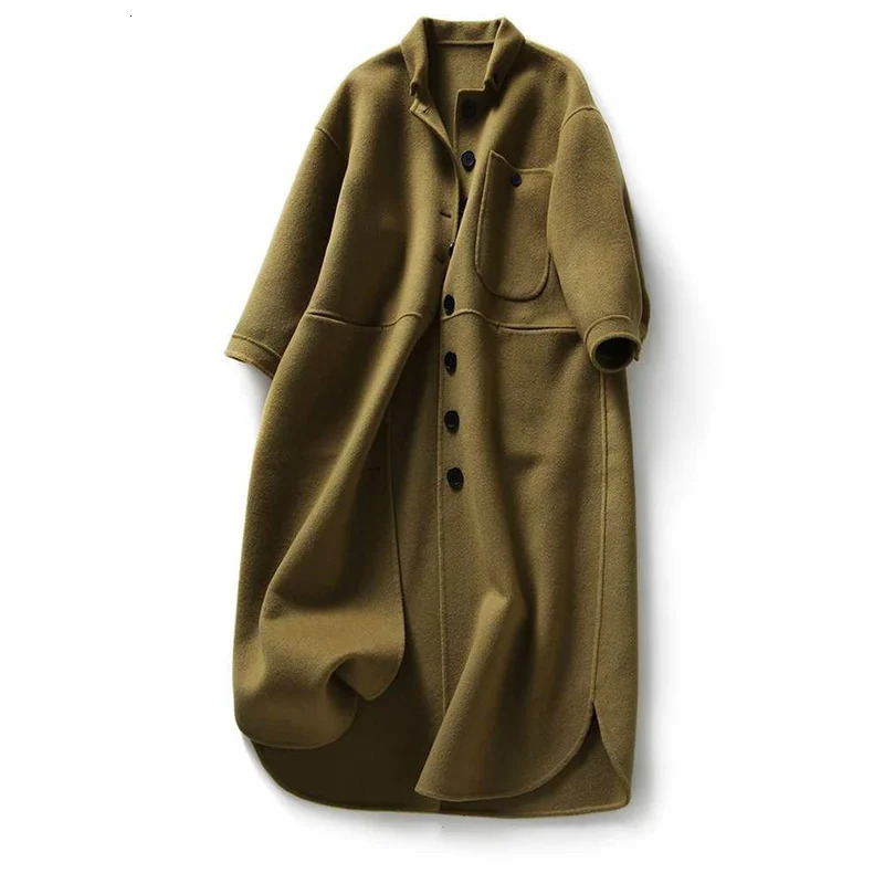 High Quality 4XL Simple Woolen Coat Womens Clothing 2023 Spring Autumn MidLong Temperament Wool Blends Jacket Women Trench 241008