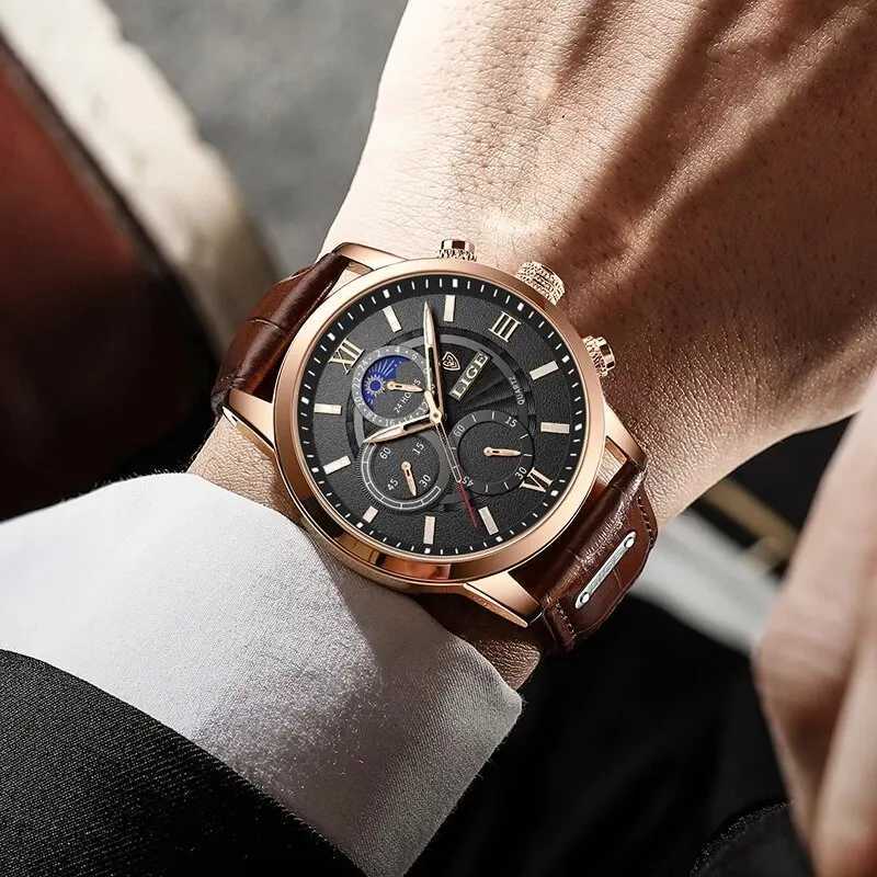 LIGE 2024 New Mens Watch Top Luxury Brown Leather Casual Quartz Watch Mens Sports Waterproof Watch Relogio Masculino W240923