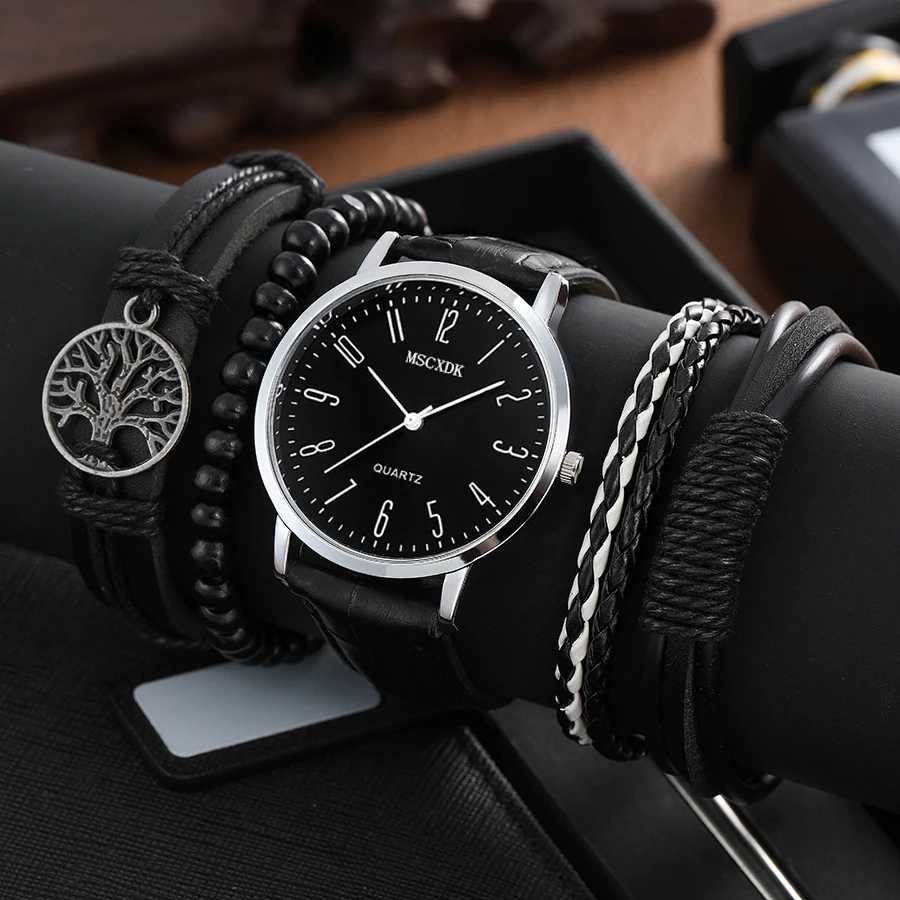 MSCXDK Brand 5pcs Black Quartz Watches Bracelet Men Business Casual Round Watch Life Tree PU Leather Bracelets SetsX241010