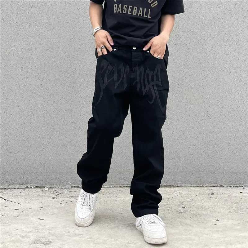Black Baggy Straight Jeans Mens Streetwear American Vintage Printing Letter Pants Hip-hop Y2K Loose Denim TrousersX241009