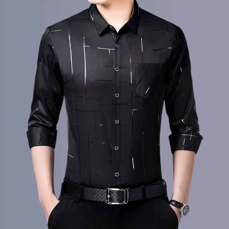 Mens Casual and Fashionable Long Sleeved Printed Shirt Non Ironing and Wrinkle Resistant Business Top 241010