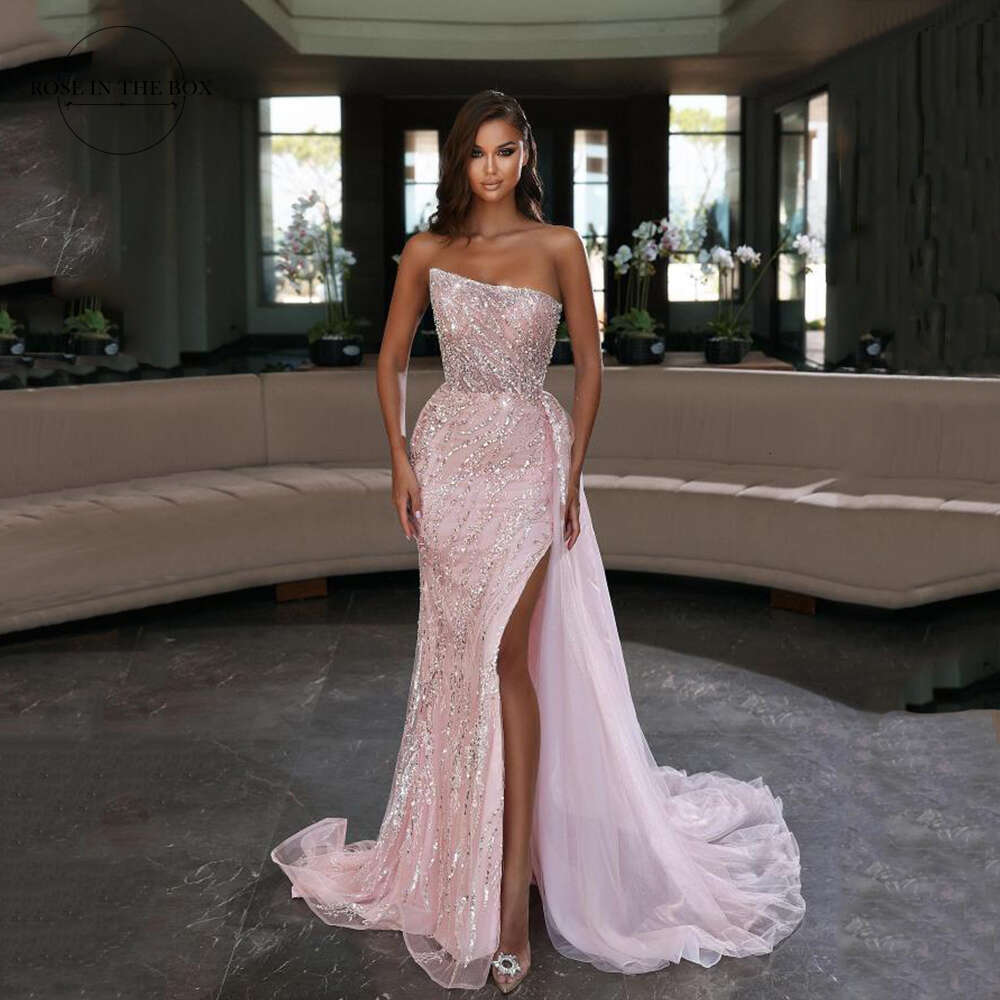 Sparkly Long Mermaid Prom Dresses with Slit Elegant Pink Strapless Tulle Sequins Evening Maxi Gowns For Women Party