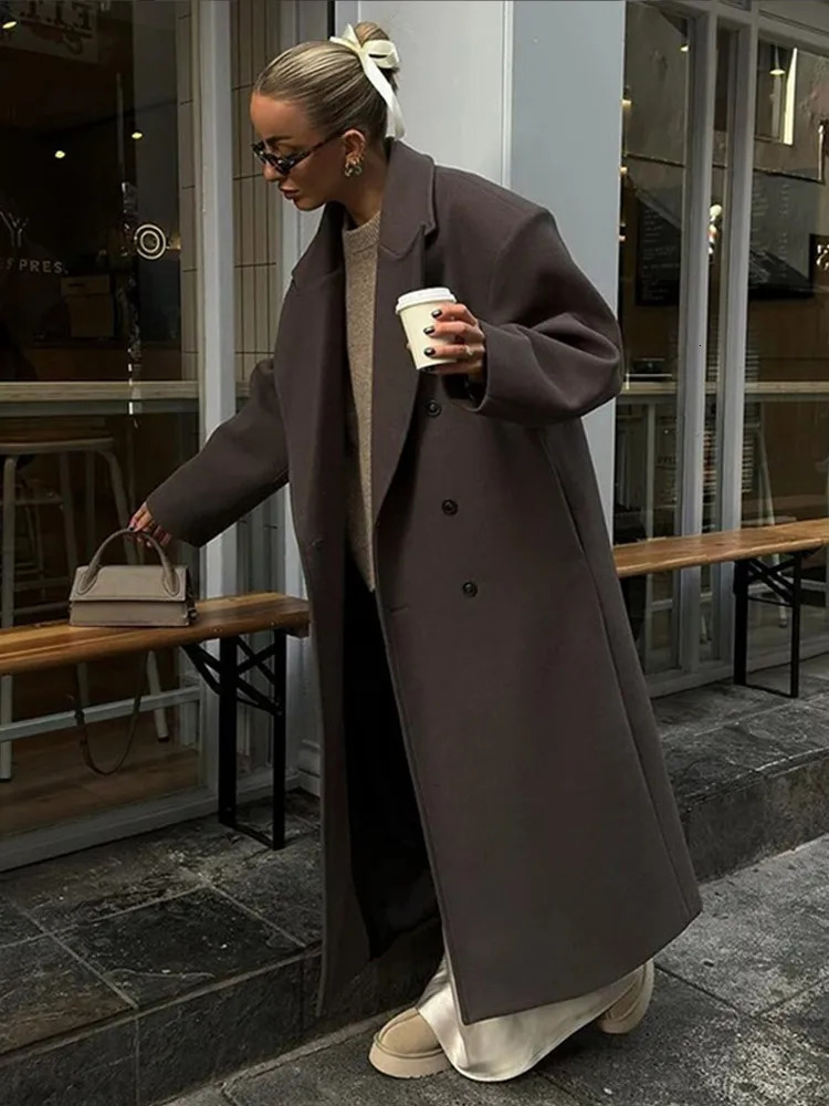 Casual Solid DoubleBreasted Long Coat Vintage Loose Turndown Collar Brown Maxi Coats Lady Winter Elegant Street Outwear 240930