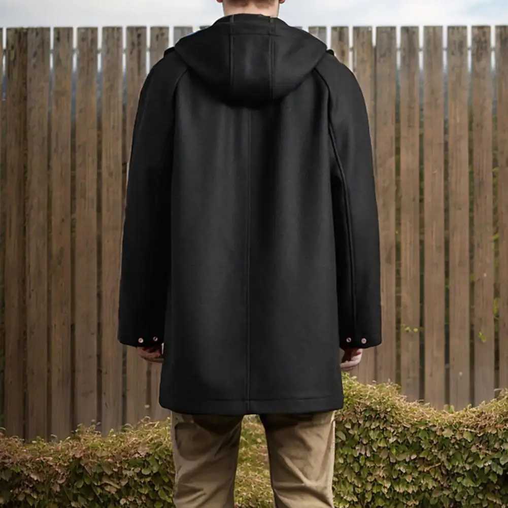 Casual Men Coat with Hooded Stylish Mens Woolen Hooded Coat with Pockets Single Breasted Mid-length Outwear for Winter Fashion LX241010