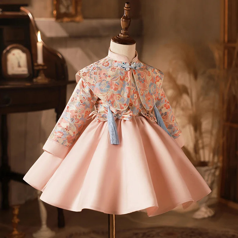 spring and autumn girlss chinese style zhuzhou pink embroidery dress 241008