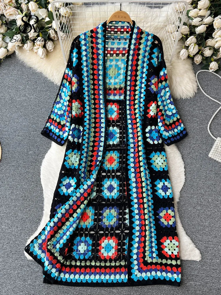 SINGREENY Summer Holiday Beach Long Cardigan Spring Fashion Retro Flower Knitted Cardigan Street Loose Hollow Jacket 241010