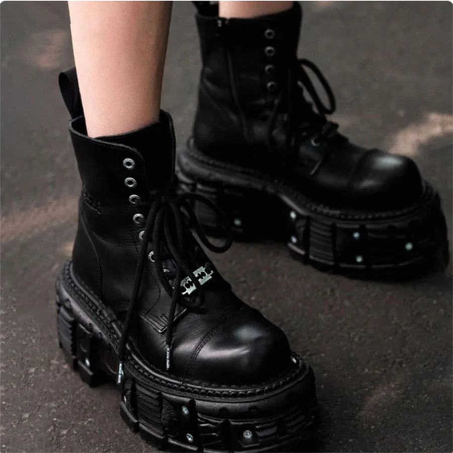 Punk style womens boots lace up high heels high platform shoes womens Gothic ankle rock boots metal decoration mens sports shoes 241007