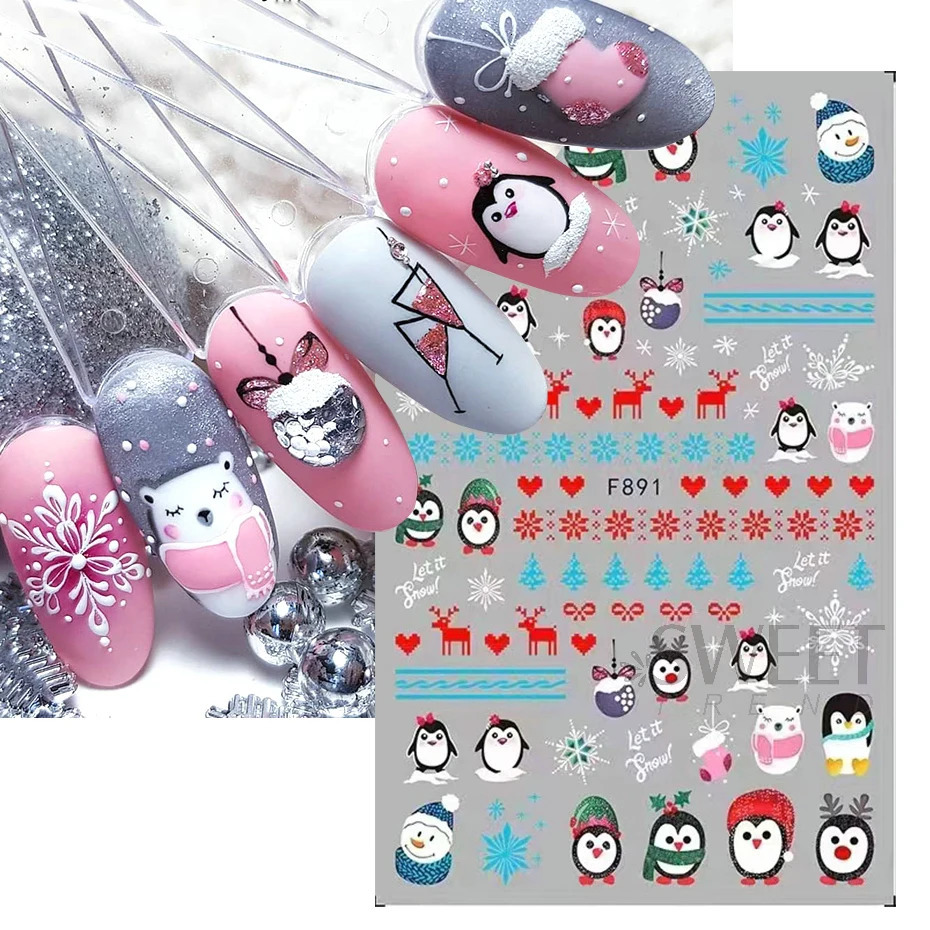 Holly Christmas Nail Stickers Geometric Orange Cartoon Christmas Bird Year Decoration Tips 241008