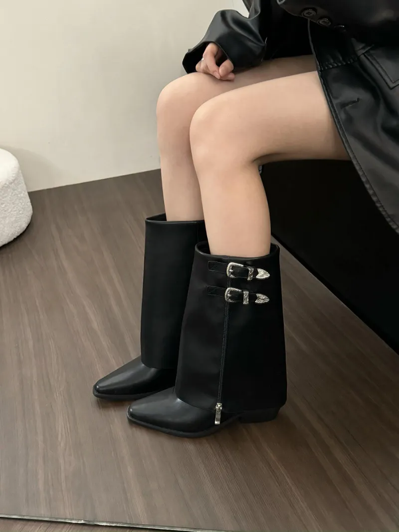 Ladies' Pointed Platform Fashion Pants Leg Cowboy Ankle Boots Booties