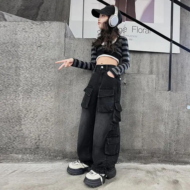 Womens cargo jeans spring loose casual elastic waist wide leg pants for teenagers streetwear childrens Trousers 241008