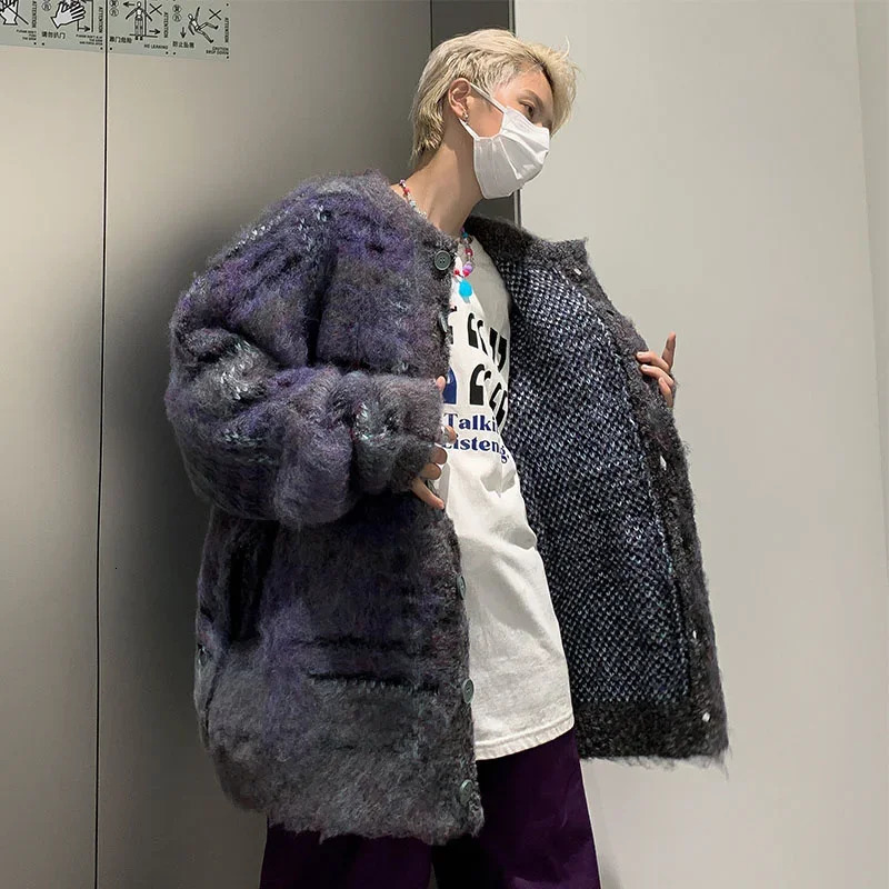 Autumn Korean fashion striped cardigan mens retro casual button knit long sleeved pocket Y2K sweater jacket 241007