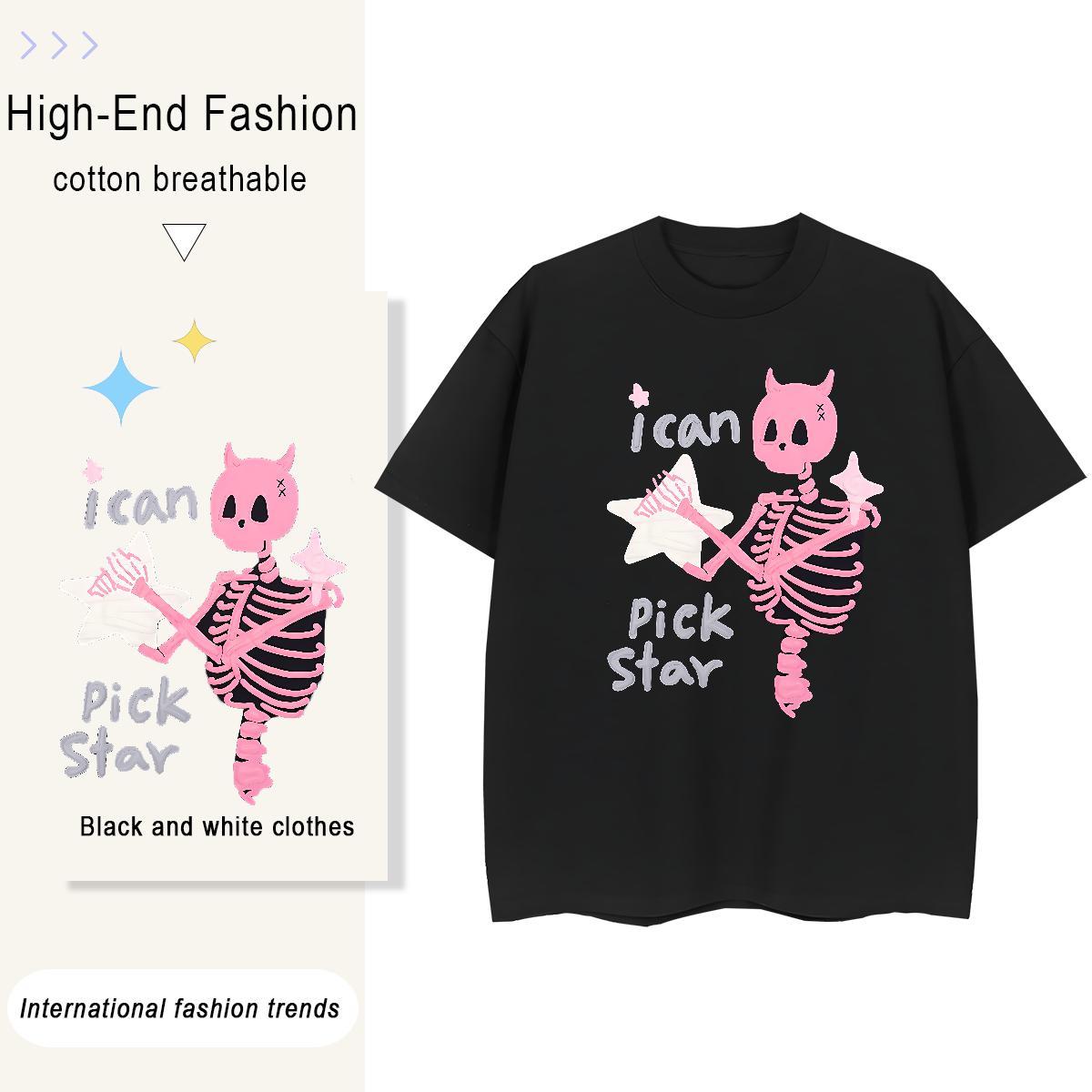 DIY T shirt 230g Cotton Crew Neck Casual skull Women Tshirts Loose fit Custom Cartoon Tops Tees