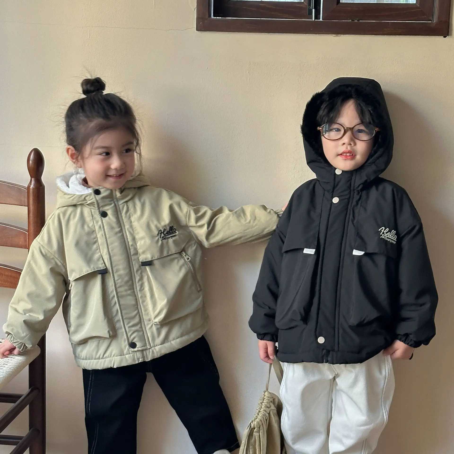 Down Coat 2024 Autumn/Winter Childrens Mens Wear Plush Thick Cotton Quilted Hooded Velvet Mens Wear 1-10 Year Mens Wear H241010