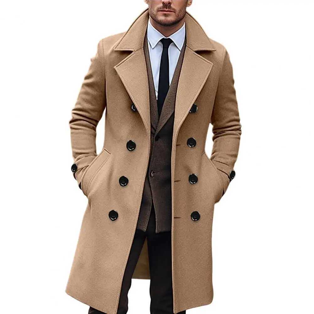 Lapel Woolen Coat Mens Long Woolen Coat Lapel Windbreaker with Pockets Double Breasted Mid-length Outwear Classic for Men LX241010