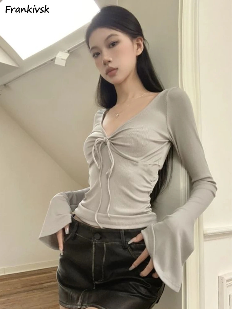 Y2k T-Shirts Women Flare Sleeve Slim Chic Spring High Street sweet American Style Harajuku College Tops Tees Retro All-match 241010