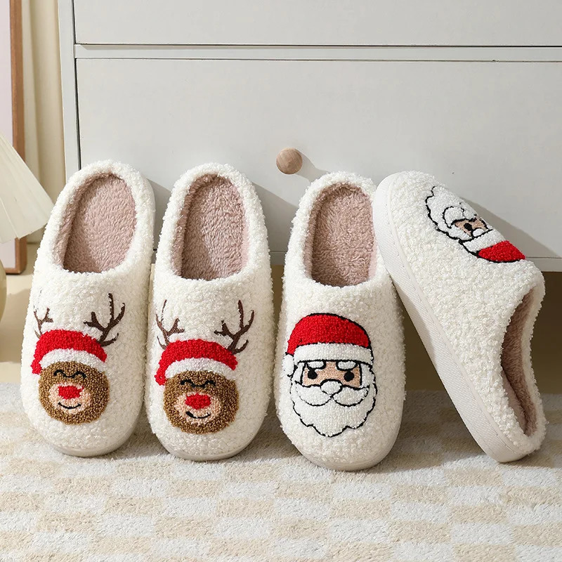 Korean Style Christmas Slippers Womens Winter Warm Home Slides Christmas Tree Elk Pattern Heart Flip Flops Couple Cute Slippers 241010