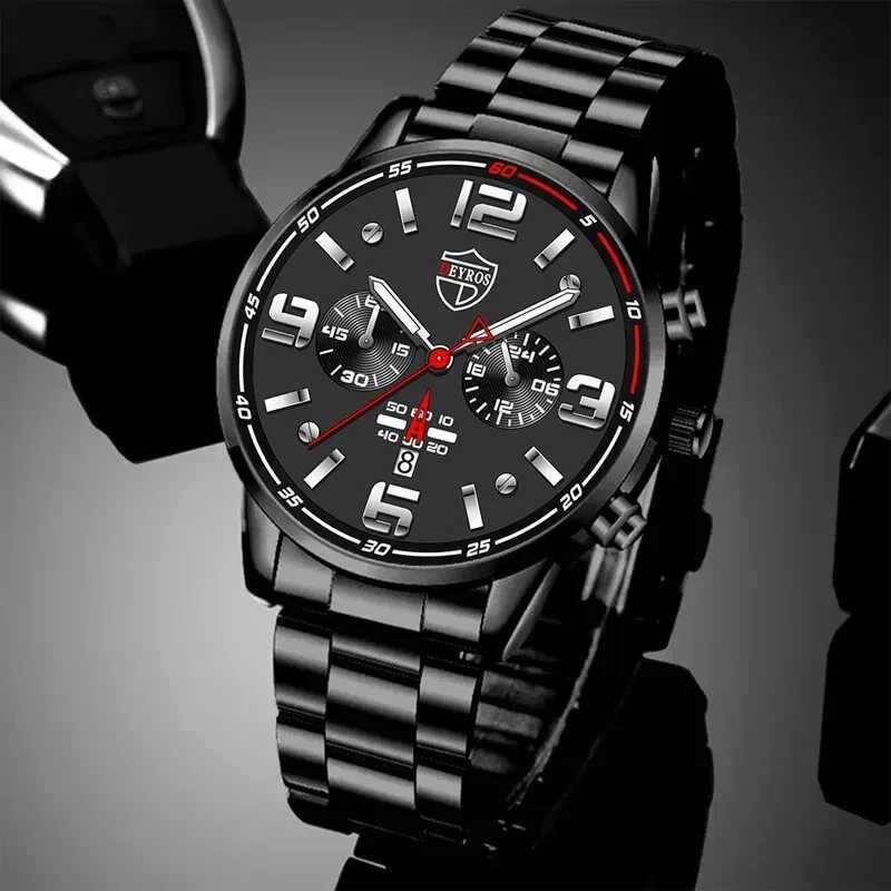 DEYROS Fashion Mens Watches Luxury Black Stainless Steel Quartz Wrist Watch Man Business Watch for Men Calendar Reloj HombreX241010