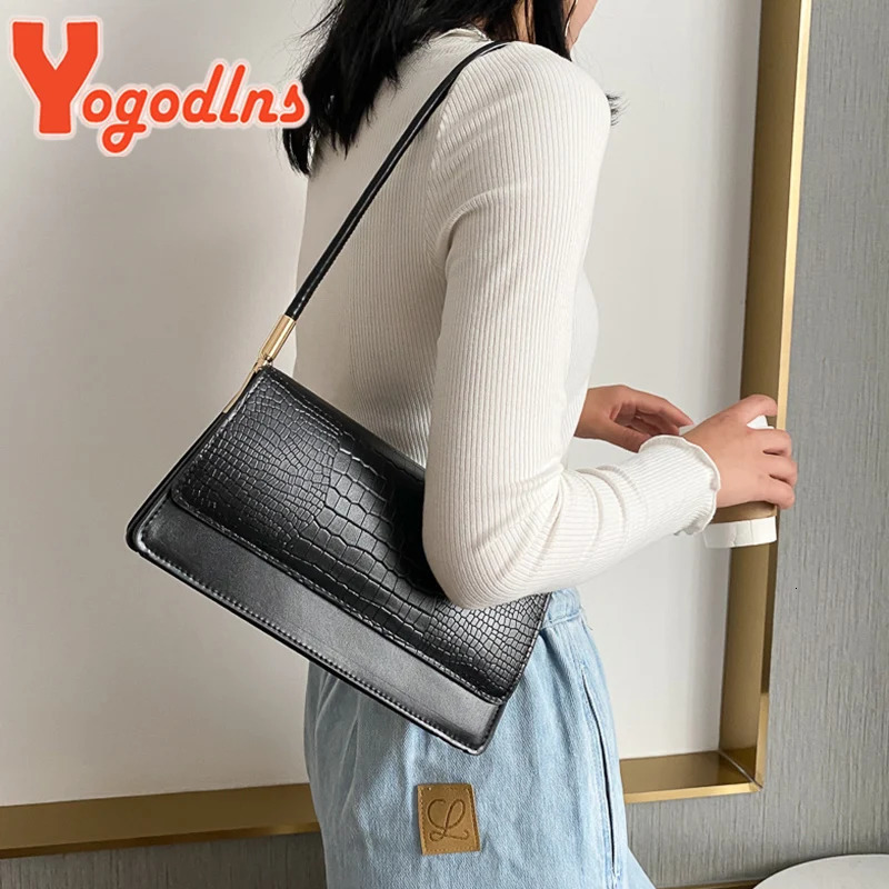 Yogodlns Winter Alligator Pattern Shoulder Bag Womens Small Square Bag Flip Armrest Bag Retro Handbag 241008