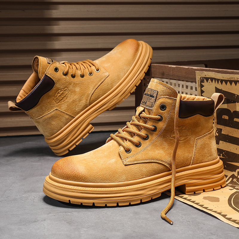 High top Martin boots for men autumn and winter British style can t be kicked off big yellow boots for men genuine leather thick soled workwear leathe