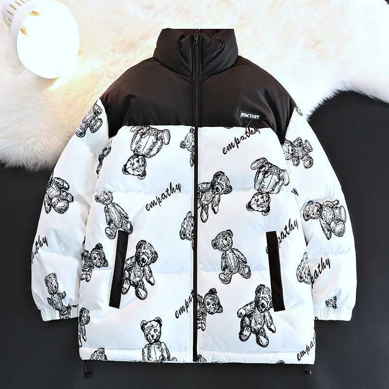 Men's Down Parkas Fashion Cartoon Print Winter Warm Bubble Jacket Windproof Zipper Winter Warm Thicken Parkas Cartoon Print Puffer Jacket for Men