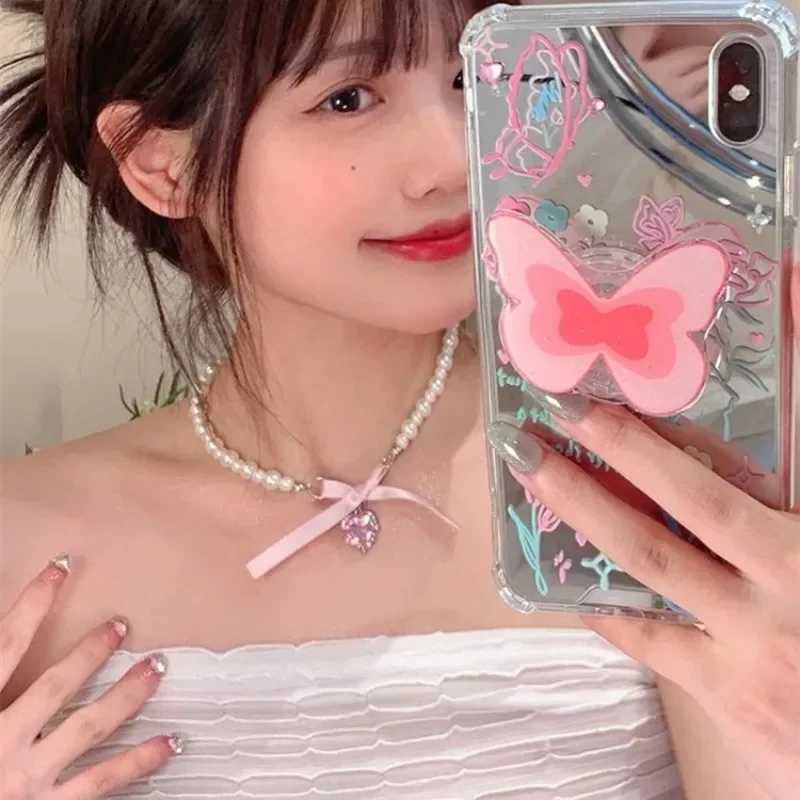 Kpop Goth Pink Ribbon Bow Imitation Pearl Beads Choker Necklace Y2K Sweet Cute Heart Pendant Clavicle Chain Girl Lolita JewelryX241009