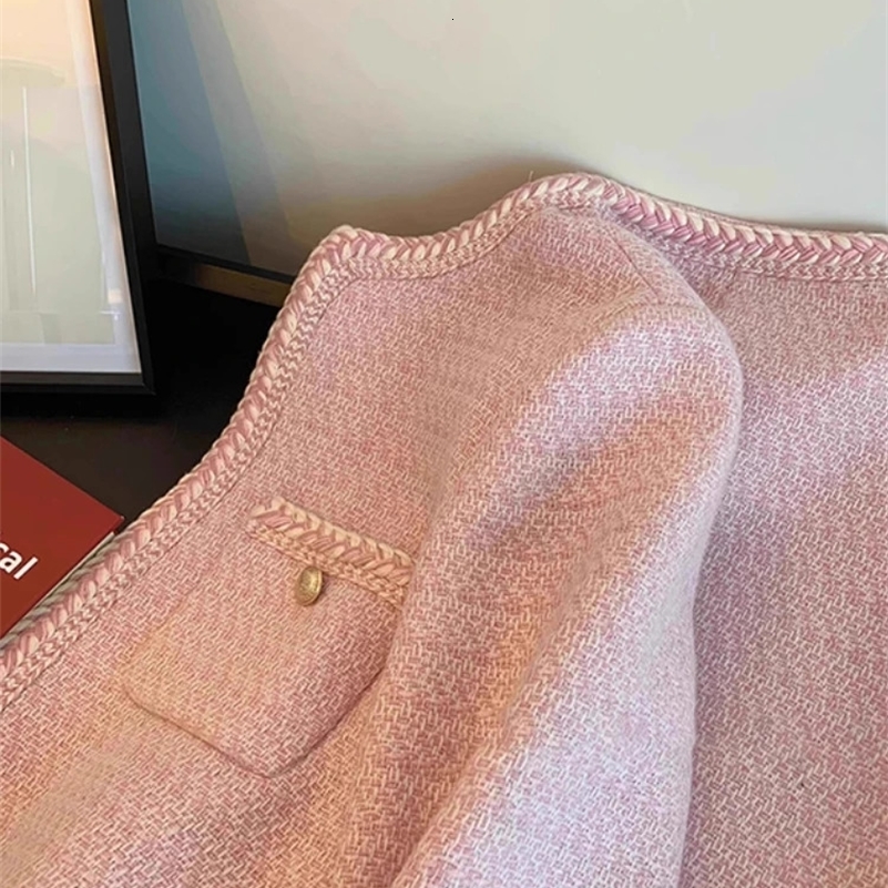 Single Breasted Elegant Cropped Coat Korean Fashion O-Neck Short Outerwear Autumn and Winter Pink Sweet Tweed Jacket Women 241010