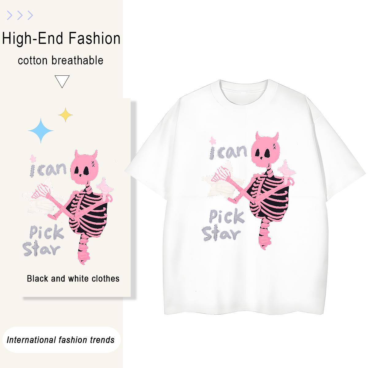 DIY T shirt 230g Cotton Crew Neck Casual skull Women Tshirts Loose fit Custom Cartoon Tops Tees