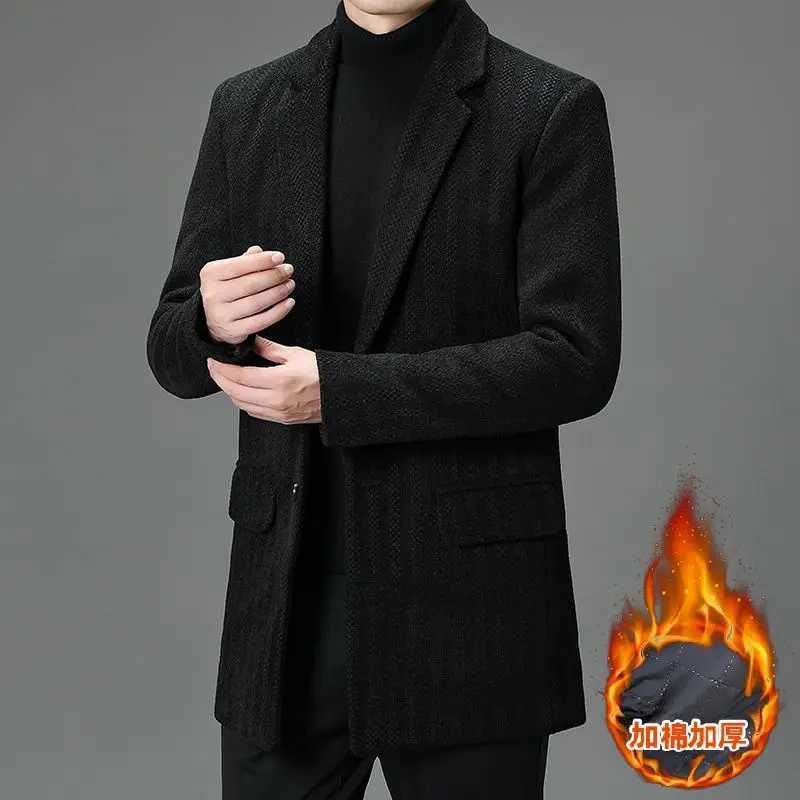 Casual Mens Autumn Winter Cotton Thicken Overcoat Business Solid Warm Mid-Length Windbreak Jackets Outwear Trench Woolen Coats LX241010