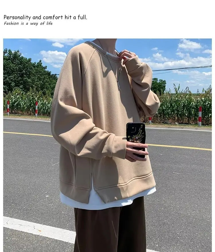 Two-piece Crewneck Mens Sweatershirt Autumn and Winter 2024 y2k korean fashion O-neck Hoodies Solid All-match Base Top 241007