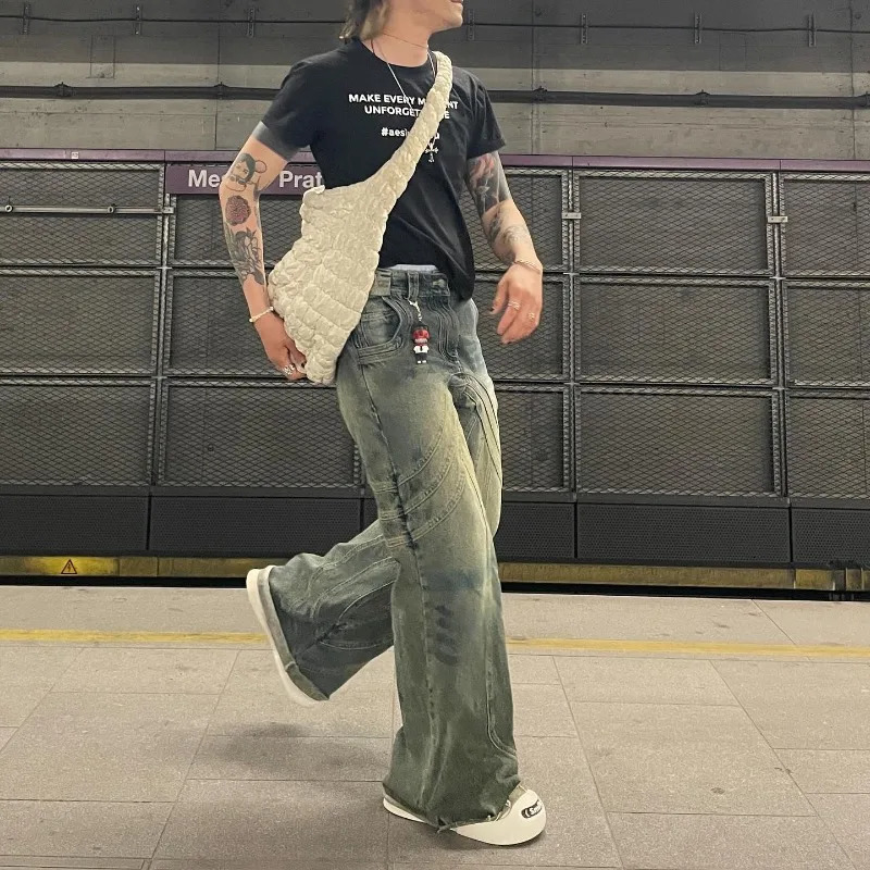 Y2K American Fashion Heavy Industry Blue Laundry Bag Jeans Mens Street Retro Hip Hop Pop Casual High Waist Wide Leg Pants 240929