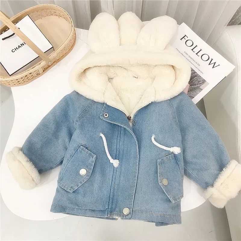 Down Coat Girls boys childrens denim jackets warm fur baby bunny earmuffs velvet coats winter clothing H241010