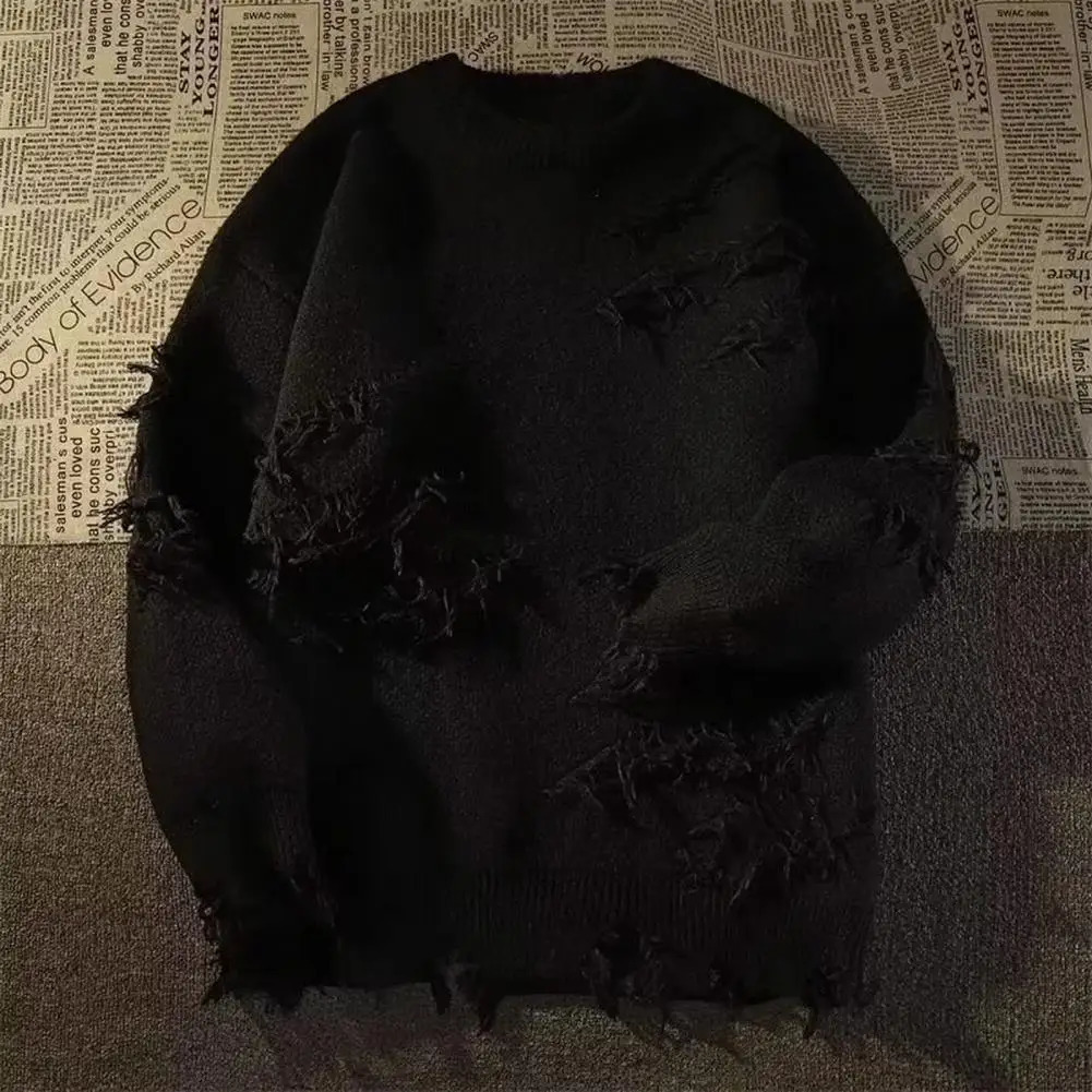 High Street Hip Hop Men Sweater Ripped Round Neck Knitted Irregular Holes Vintage Casual Loose Pullovers 240930