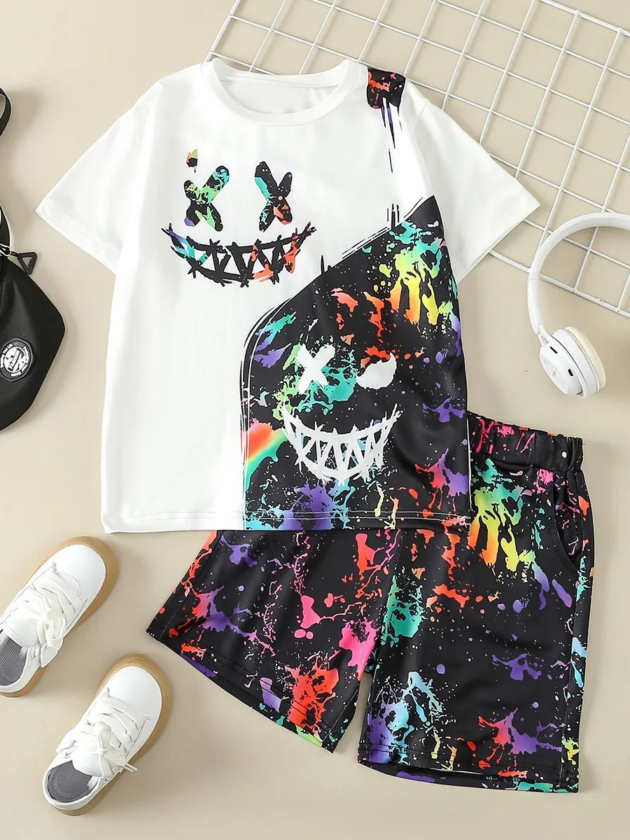 2024 Personalized Trendyy Boys' White Background Splicing Smiley Face With Full Colorful Smudged Shorts Suitable For Outdoor Leisure And Play