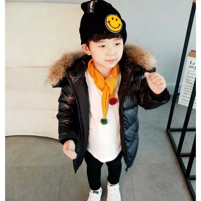 Down Coat Autumn and winter waterproof and spray resistant childrens fur round neck down jacket for boys and girls outdoor play dirt resistant down ja