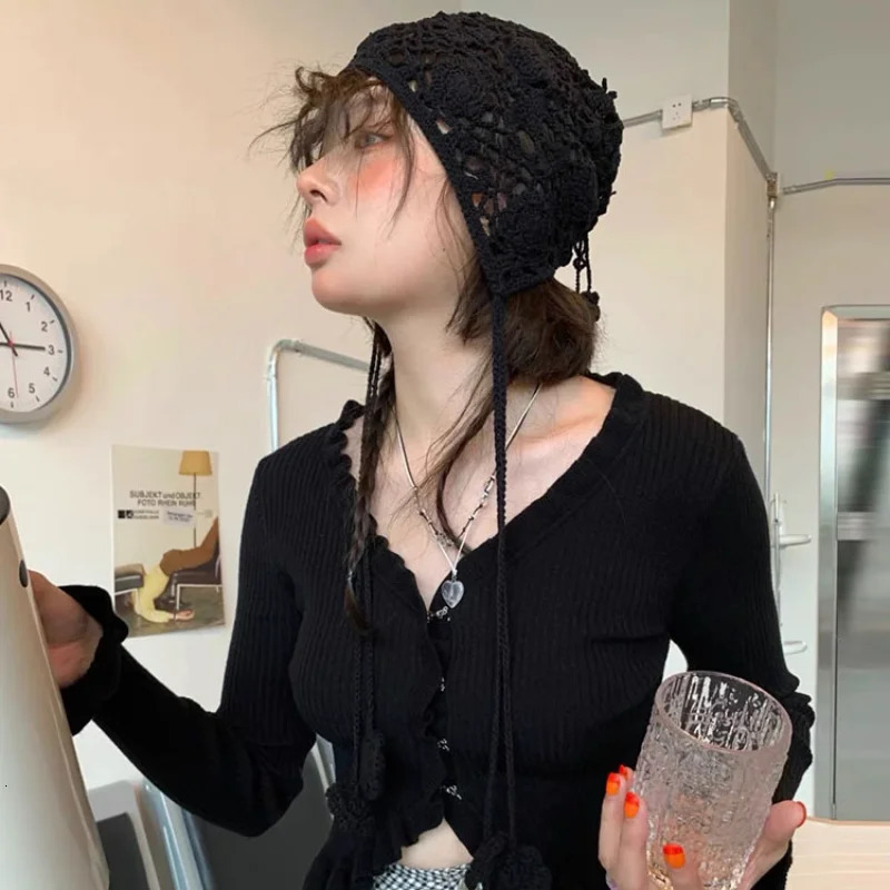 Spring and Summer Hollow Flower Pullover Hats for Women Japanese Cute Lace-up Thin Knit Hat Sweet Hand-woven Stacking Beanies 241007